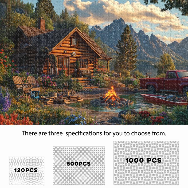 Mountain Retreat: Cabin Campfire & Lakeside Pickup Truck, 120/500/1000 pcs Puzzle - Festive Scene