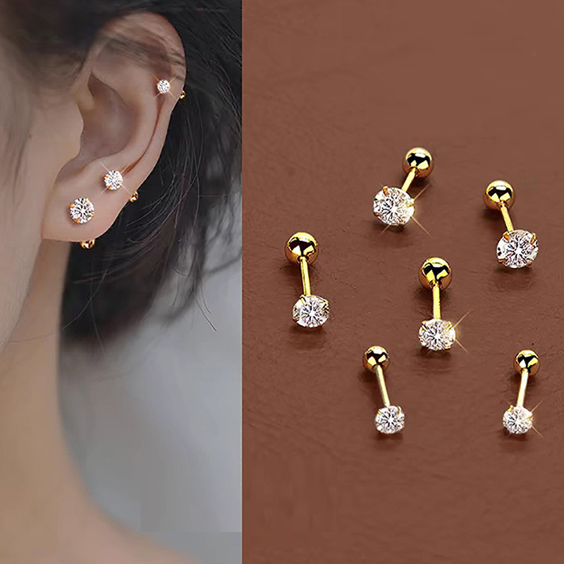 Gold/Silver 6pcs Stainless Steel Green Zircon Stud Earrings Set Women Cartilage Round Small Helix Piercing Fashion Jewelry