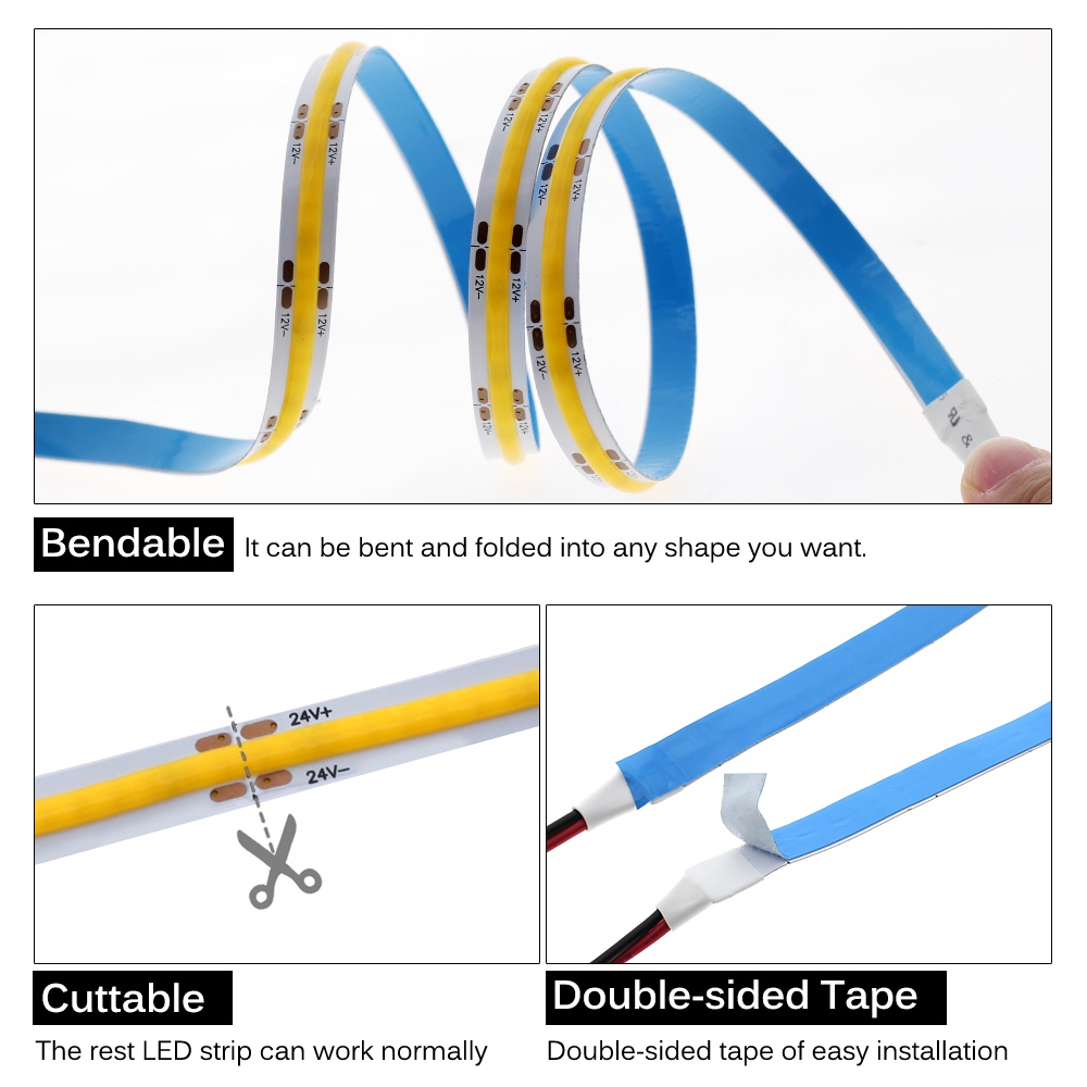 Essential Premium DC12V 24V COB LED Strip 480LEDs/m Strp Light White / Warm Red Blue Green High Density 1m - Image 3