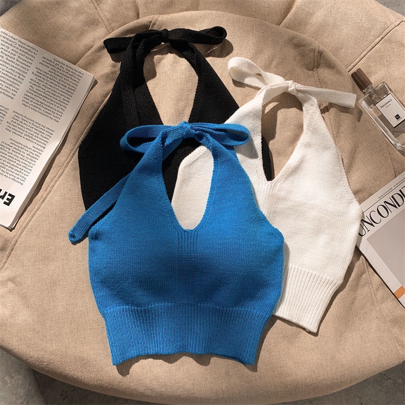 Women Summer Ins Halterneck Crop Tops Candy Color Hlaf Backless Camisole Lace Up Knit Tank Tops