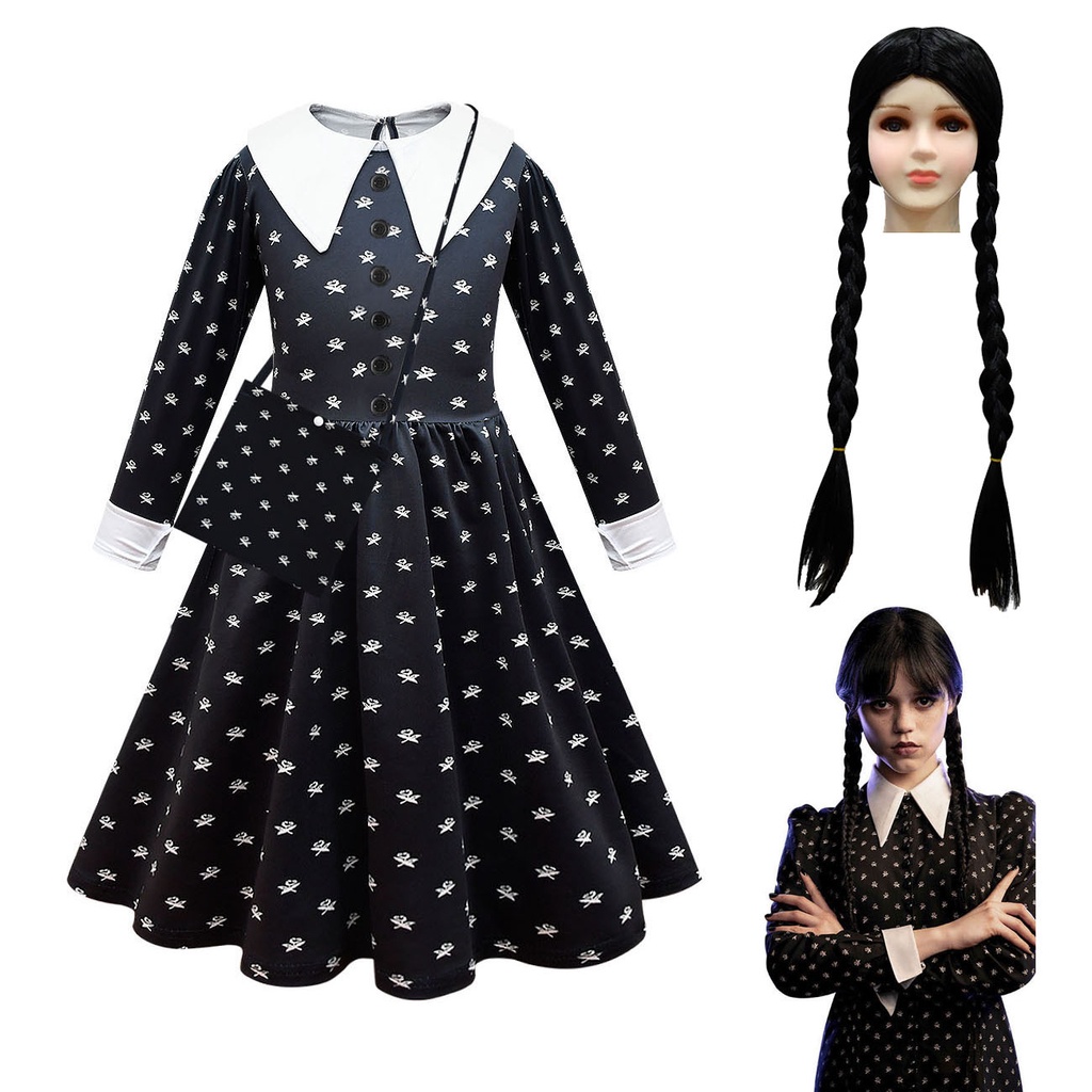 【24H SHIP】 wednesday addams costume for kids murah with bag and Wig Girls Outfits Halloween For Girl