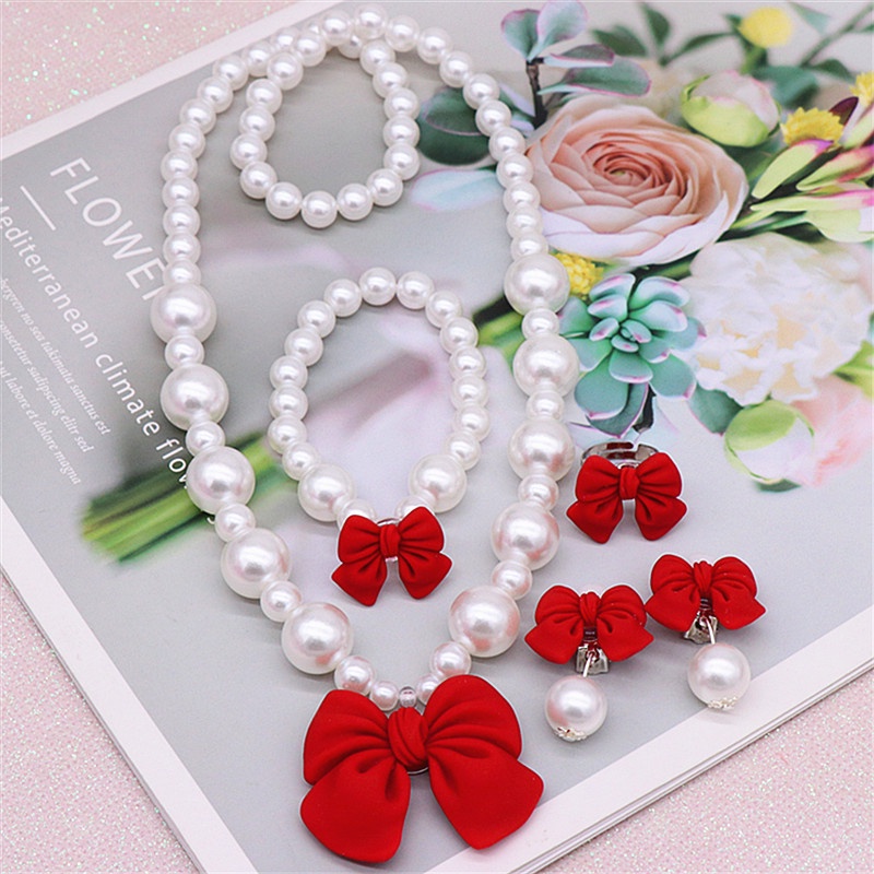 Rantai budak perempuan Children necklace set cute bow Pearl Girl jewelry student gift children's ornaments women's clothing accessories KDX7