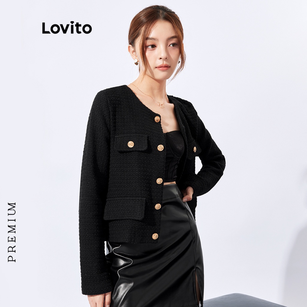 Purpose Quality Lovito Elegant Plain Round Neck Button Women Jacket L32FW095 (Black) - Image 5