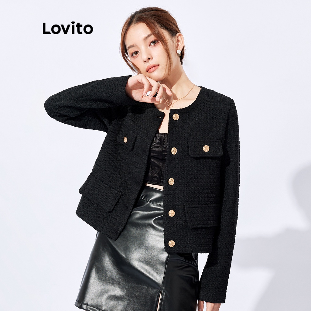 Purpose Quality Lovito Elegant Plain Round Neck Button Women Jacket L32FW095 (Black) - Image 4