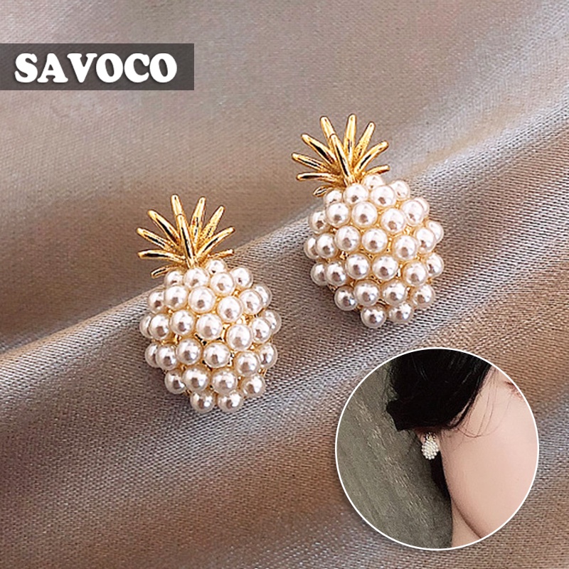 SAVOCO Vintage Jewelry 925 Silver Pineapple Pearl Stud Earrings Personality Alloy Drop Earrings Accessories Women Fashion SE084