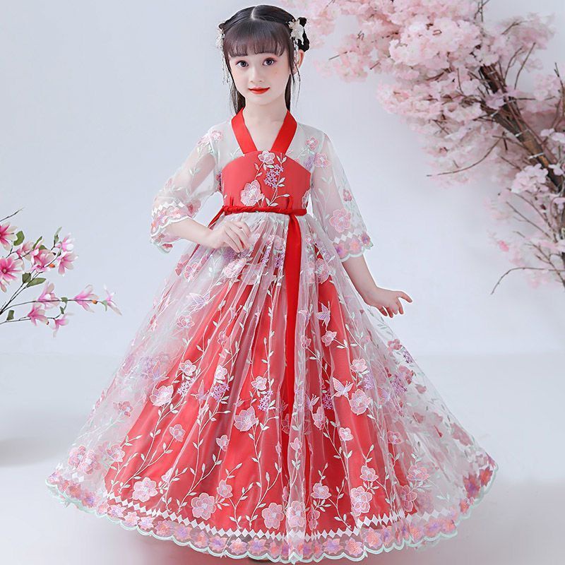 Girls Girls' Dress Summer 2023 New Fashionable Dresses Hanfu Cherry Blossom Princess Kids