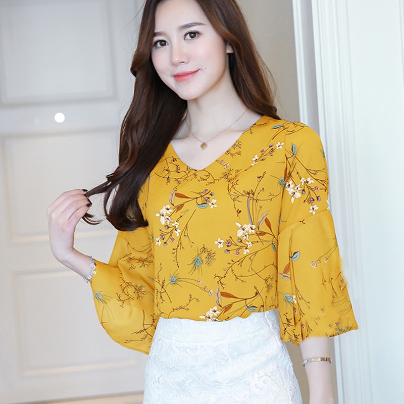 Ladies Summer Tops Floral Printed Chiffon Blouse Women Short Sleeve Tops Korean