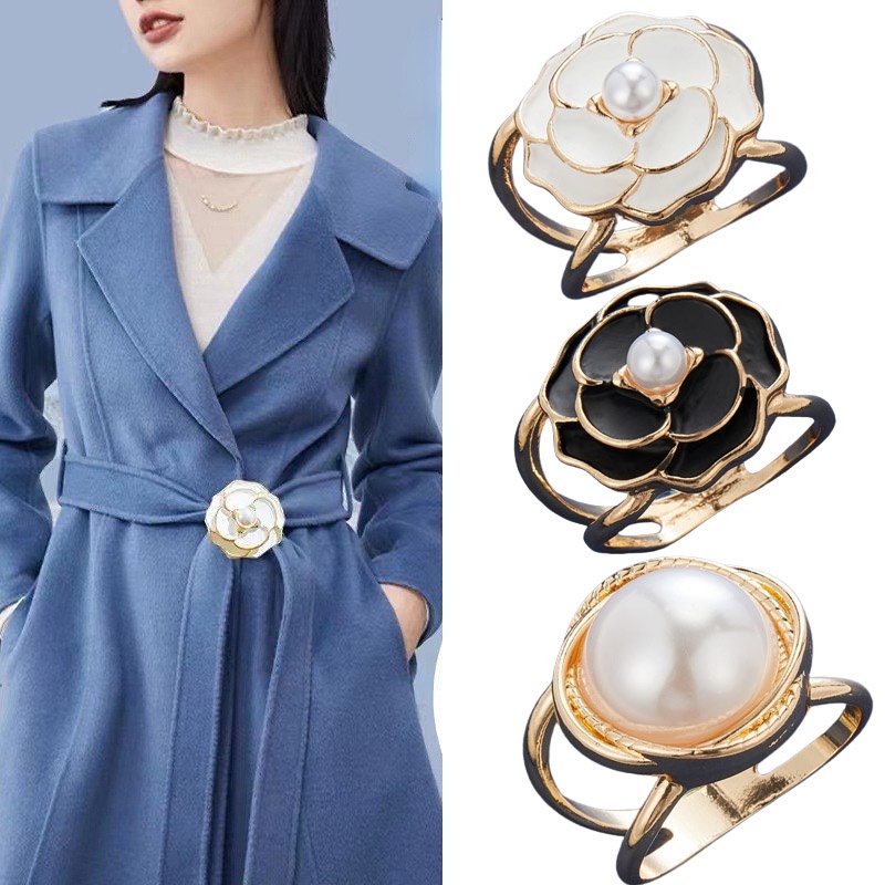 Camellia Silk Towel Buckle Pearl Flower Brooch Women Belt Fixed Artifact New High-end Fixed Buckle