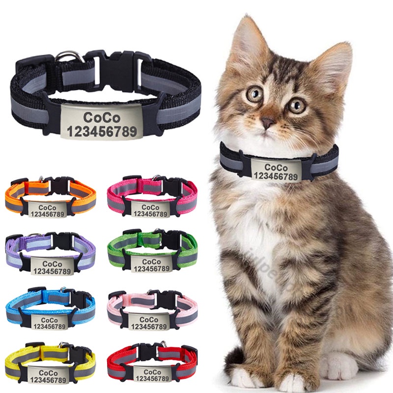 Free Custom ID Name Tag Cat Collar Bell Necklace Safety Reflective Nylon Kitten Cat Tag Personalized Engraved dog tag
