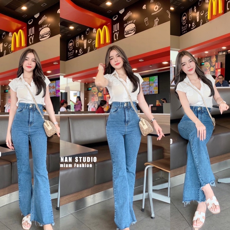 New Snow-Colored Stretch Bell-Bottom Jeans With Double Buttons Sirinansstudio Label