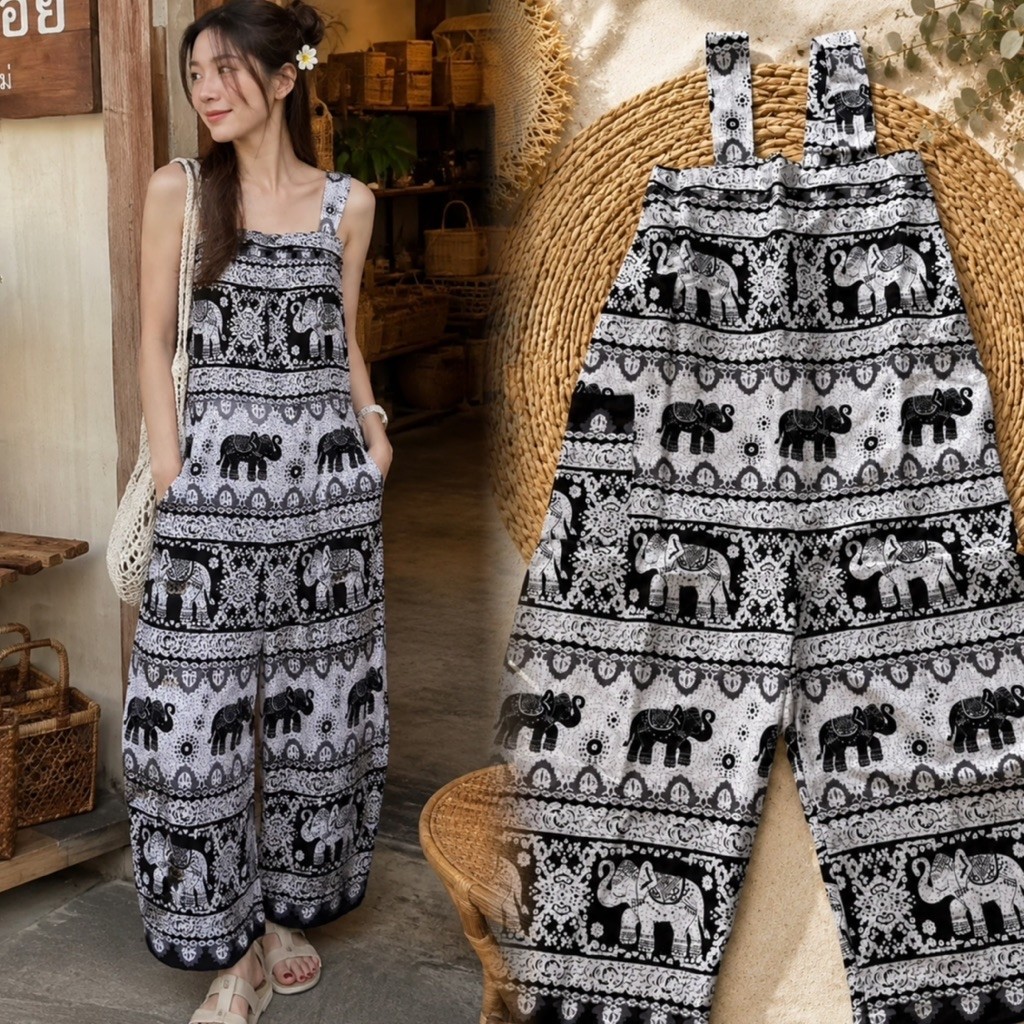 Elephant Pattern Bear Jumpsuit Can Be Worn S-xl Comfortable Cotton Fabric Made In Thailand ((Mixed Patterns))
