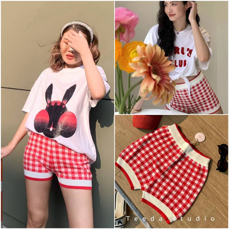 New [Sent From Thailand TH] High-Waisted Knitted Shorts Grid Pattern