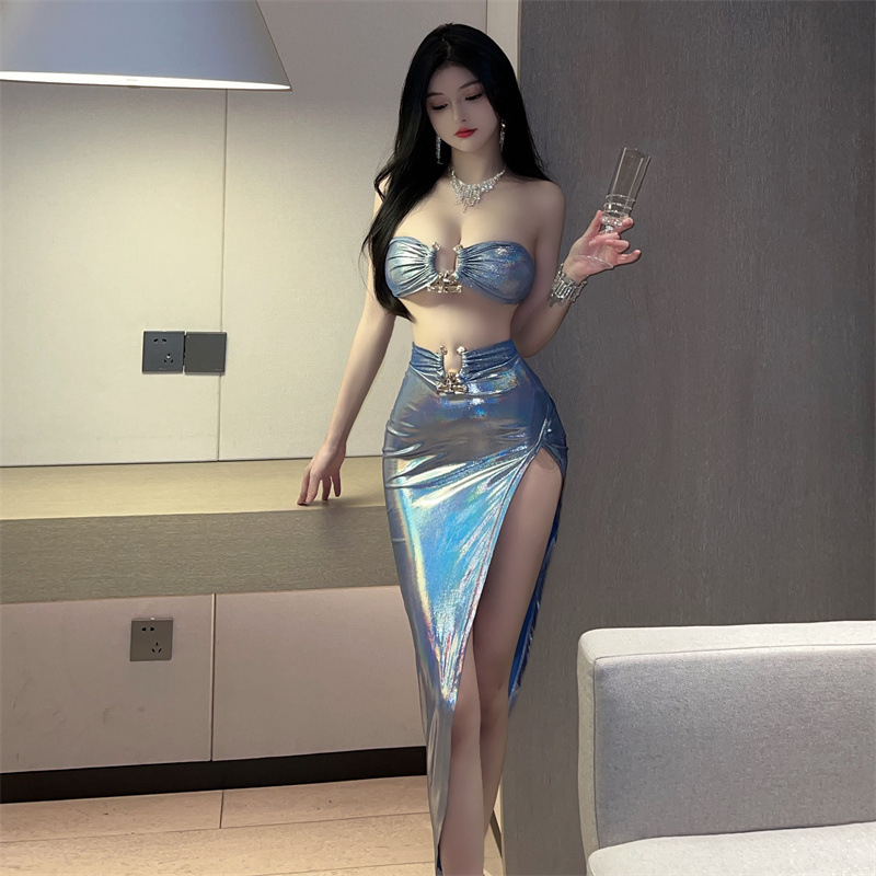 FASHION IDOL Strapless Set High Slit Long Skirt Hologram Color Decorated With Gold Hoop Bust-Waist F-095