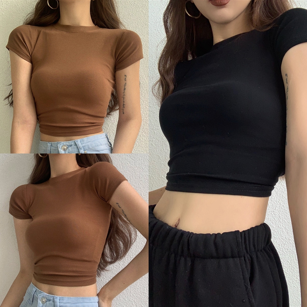cherryshop Crop Top Black Short-Sleeved Tight-Fitting T-Shirt Slimming Korean Style Fashion Floating Waist