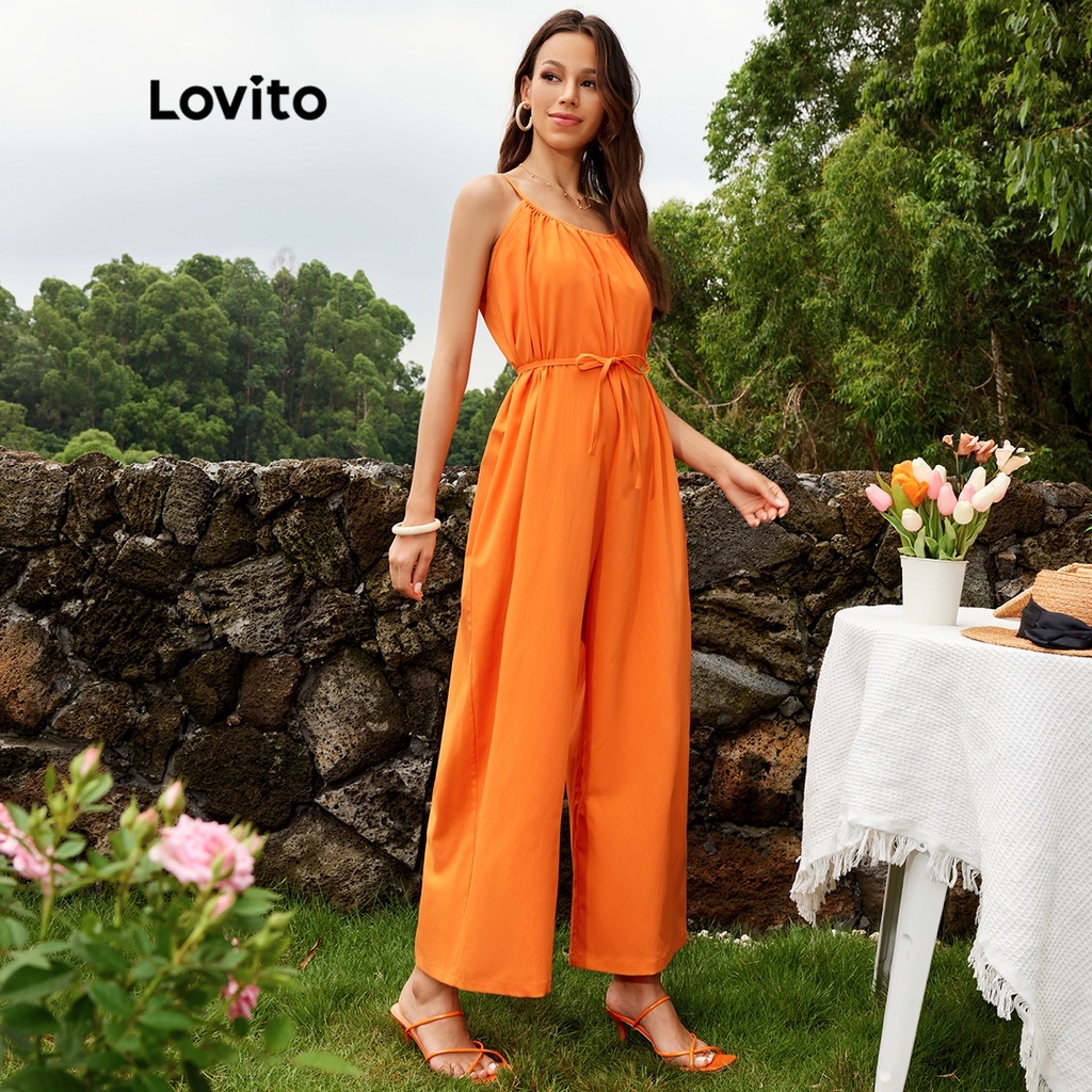 Lovito Jumpsuit Casual Spaghetti Strap Wide Legs Orange Color Size: XL