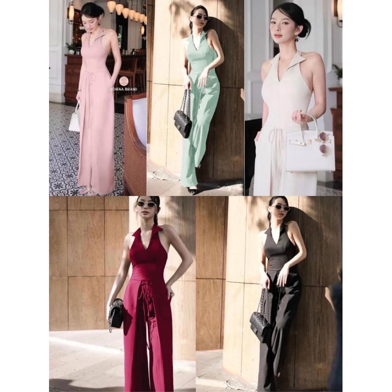 Collared Jumpsuit With Bow Tie At The Front Beautiful And Stylish Shape For Wearing To Events Merit-Making Ceremonies Ordination Cafe Lovers Are Also Great. Jumpsuit Woman Jumpsuit Woman Korean Style