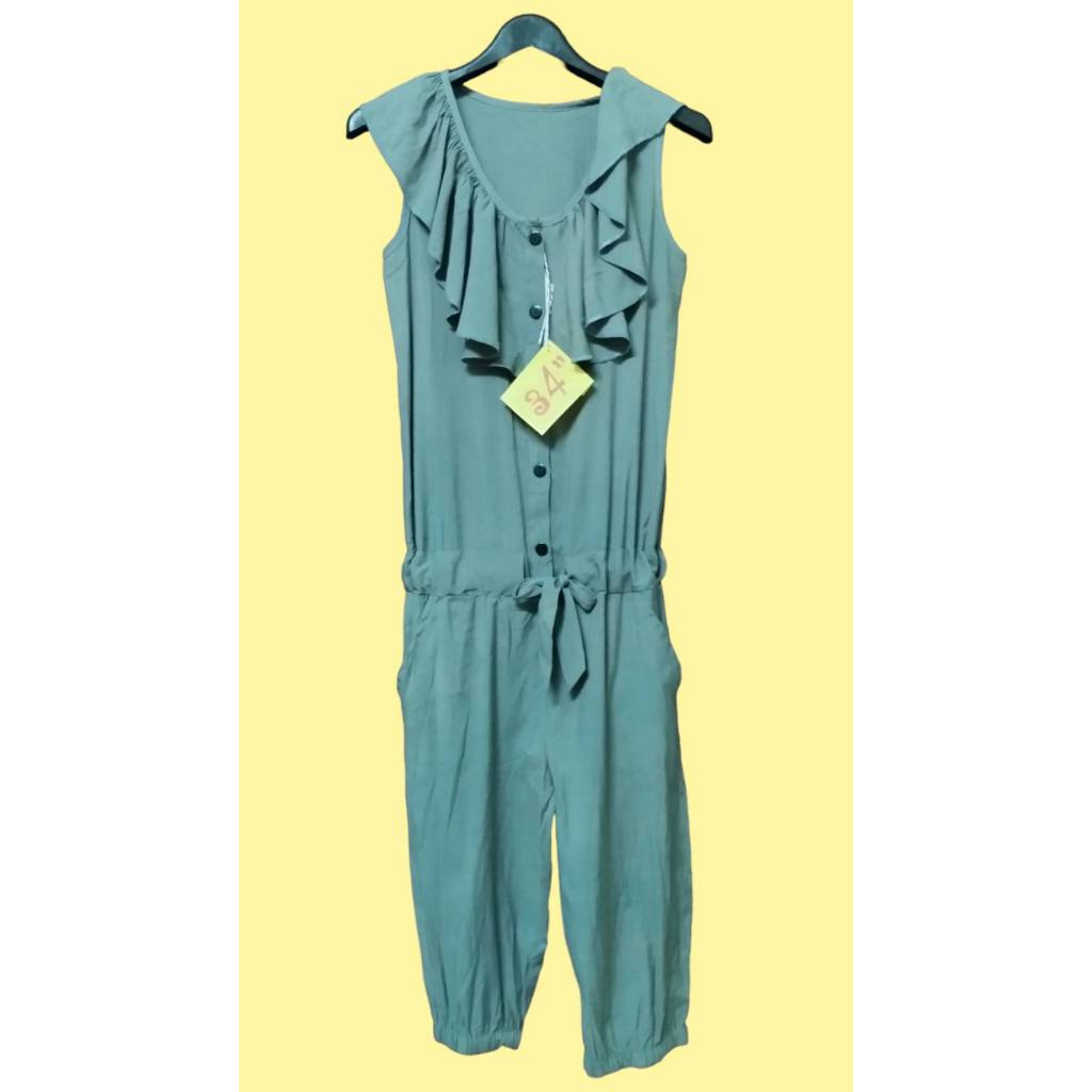 Jumpsuit Long Bodysuit Ruffled Collar Bow Tie Gray Bust 34 Inches Waist 24-30 Hips 30-34 Second Hand Good Condition Ready To Use
