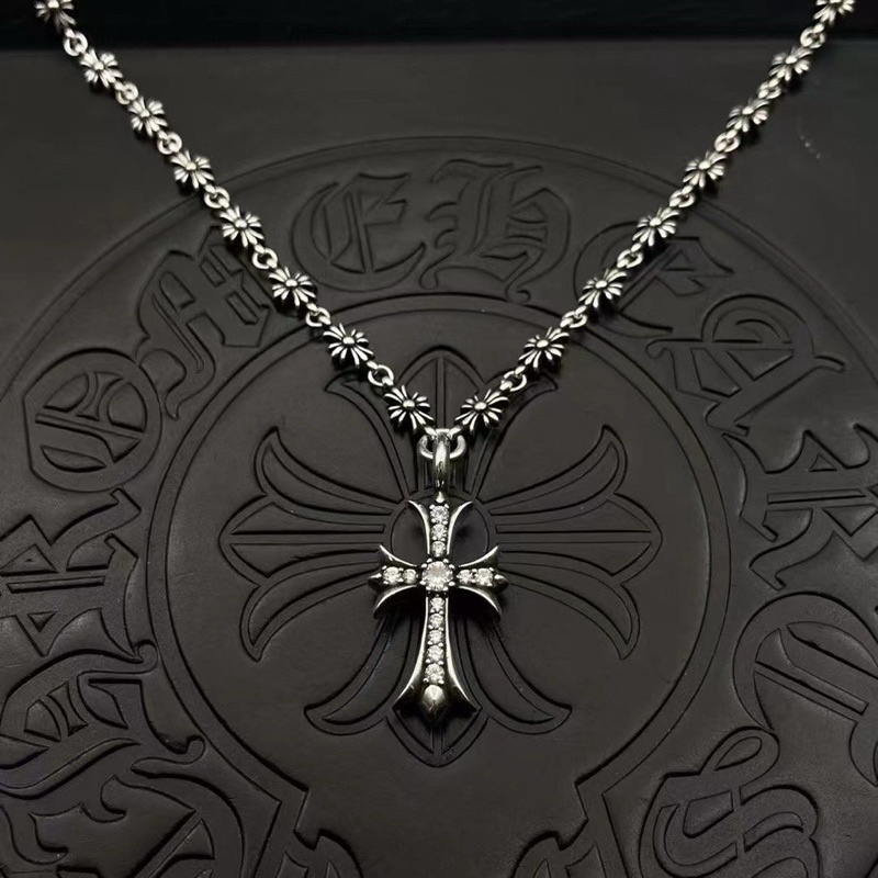 CHROME HEARTS 925 Sterling Silver Necklace With Double Sided Diamonds Wearable Size 60 cm