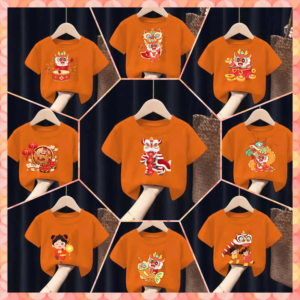 Children's T-Shirt With Cartoon Print Chinese New Year Cute Cotton Fabric "Orange" Pattern 385-396