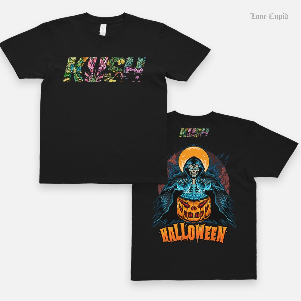 Cotton T-shirt KUSH High Quality Short-Sleeved shirt Pumpkin Lantern Halloween Thai Street Fashion. Luffa Print [Ready To Send Products]