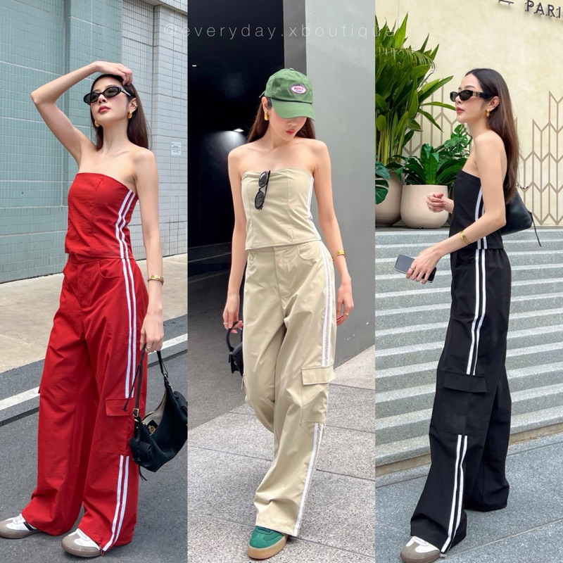 Open Pre Look Files‍ Bandeau Set Match Cargo Pants Sporty Detailing Full Smock Shirt Back Zip Lining amuse