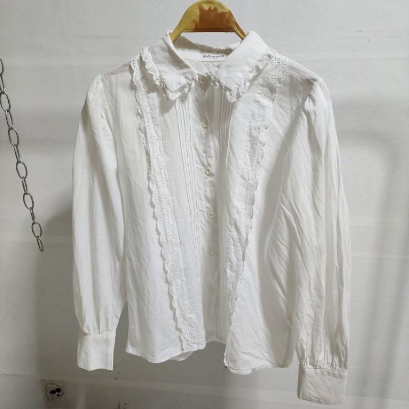 mellow neon Lotus Collar Shirt Long Sleeves With Openwork Fabric