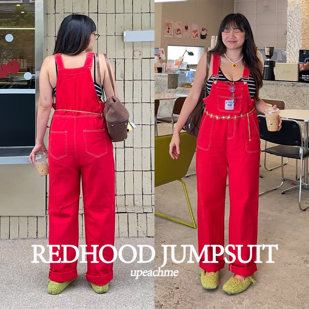 ** Upeachme-Redhood Jumpsuit Long-Legged Bear Overalls Red