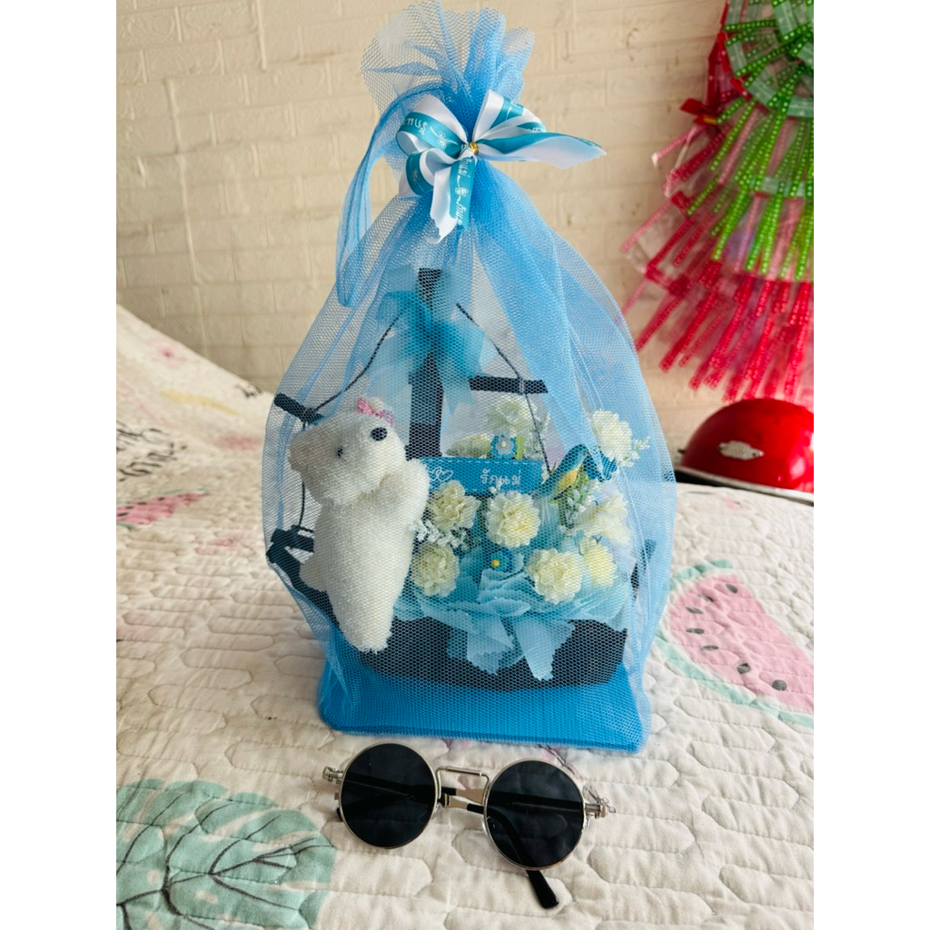 🩵_white Bear Basket With Dried Jasmine Flowers To Mother's Day In A Mesh Bag_ Order Give You The Mother Love_ 🩵 Beautiful Now