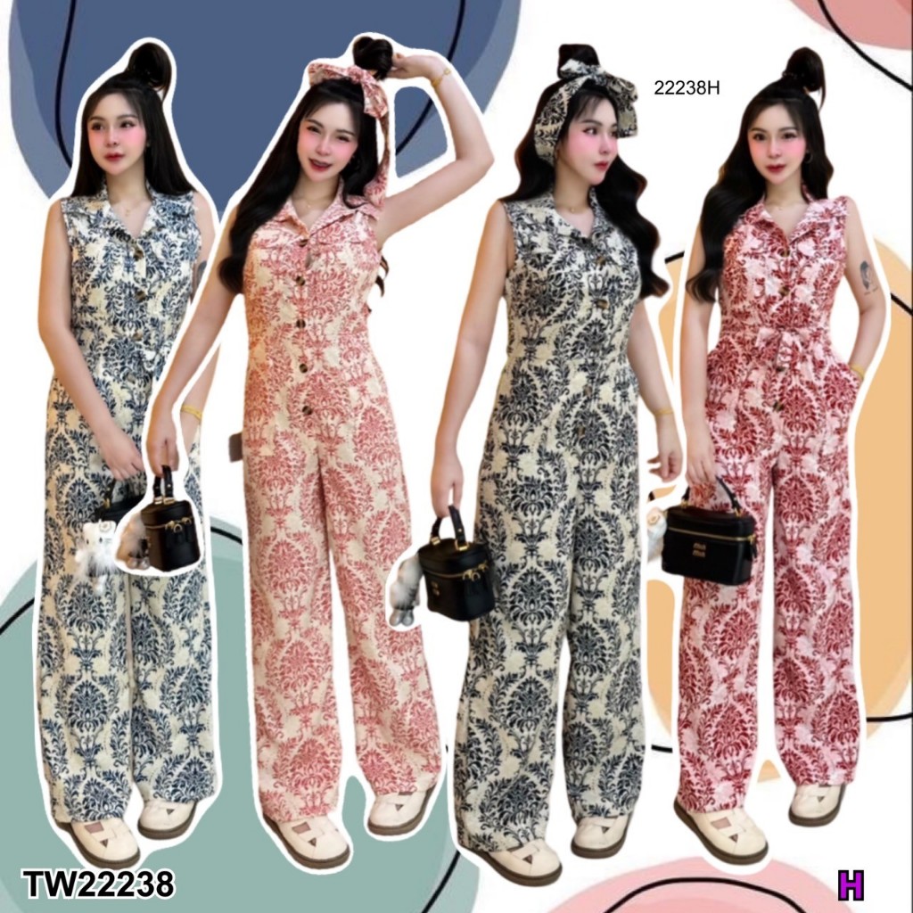TwinsShopVip TW22238 Italian Silk Jumpsuit Printed Pattern Collar Long Pants + Tie Strap