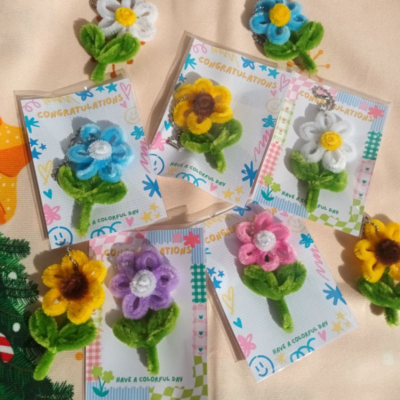 Velvet Flower Wire Keychain (Stem) Assorted Colours Bright Cute Gift Graduation Of The Of The