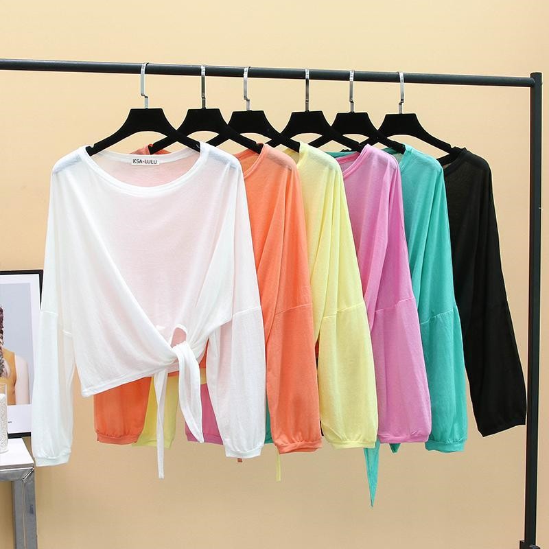 Long-Sleeved Crop Top See-Through Fabric oversize Minimalist Clothing Large Size Korean Fashion Beautiful T-Shirt Sexy Women Single Sun Protection Crop Top Korean Style