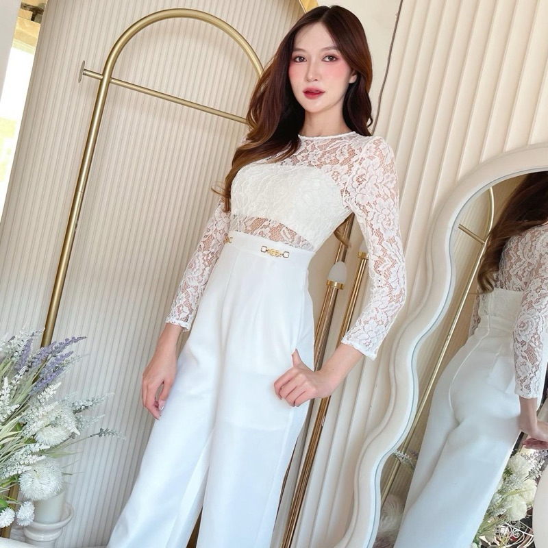 [NITTAYA] D2582 Long Pants Jumpsuit Round Neck Sleeves Lace Fabric + Inner Shirt Beautiful Shape Very Good Fit Wear To Events Dinners Parties