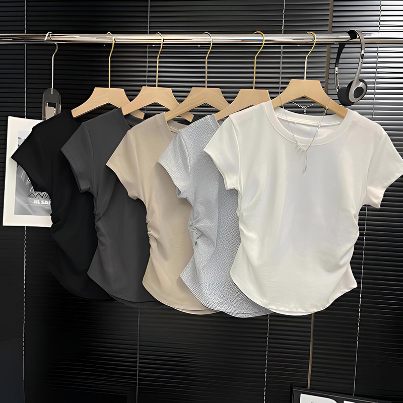 Women's T-Shirt Short-Sleeved Cropped Top With Side Ruffles Round Neck Short Sleeves Solid Color Fashion Pleated Tight-Fitting For Chubby Women