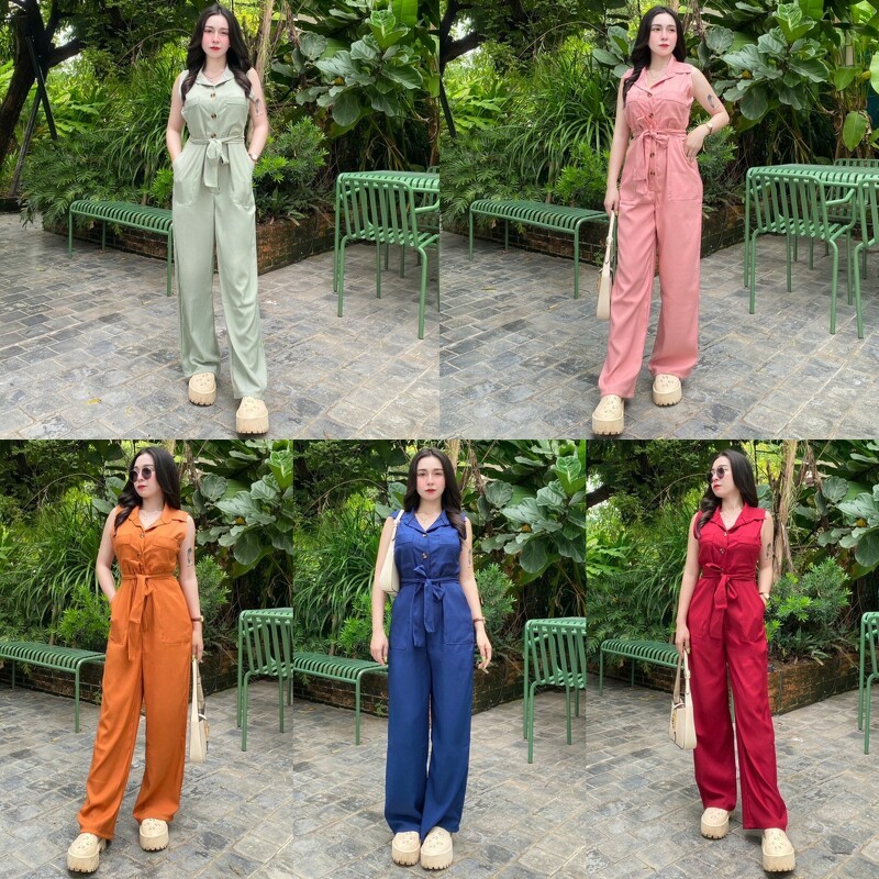 TT18910 Jumpsuit Sleeveless Long Pants Waist Tie
