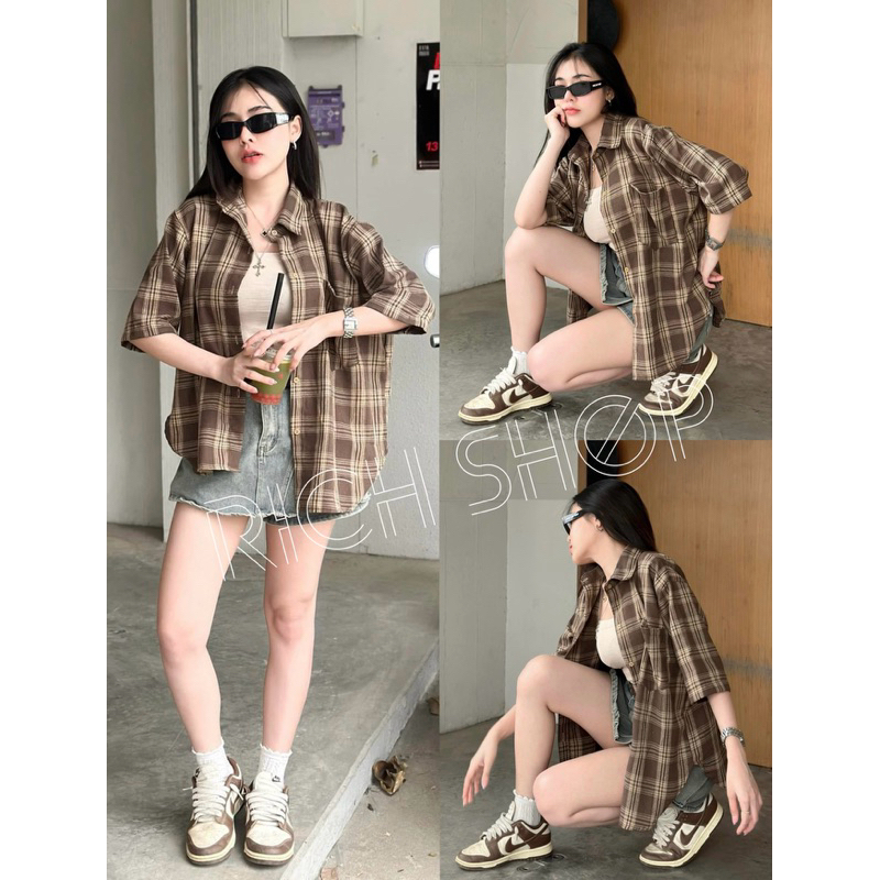 (Chest 32-50) Short-Sleeved Shirt (Plaid Pattern) Front Buttons Bag Decoration **Can Be Worn As A Control