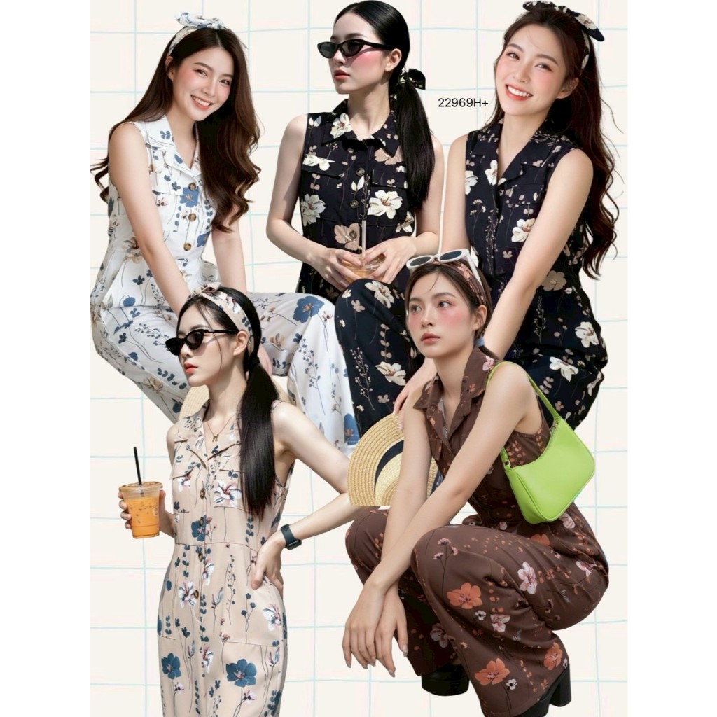 Jumpsuit Sleeveless Long Pants Floral Pattern With Bow Strap TW22969 TwinsShopVip