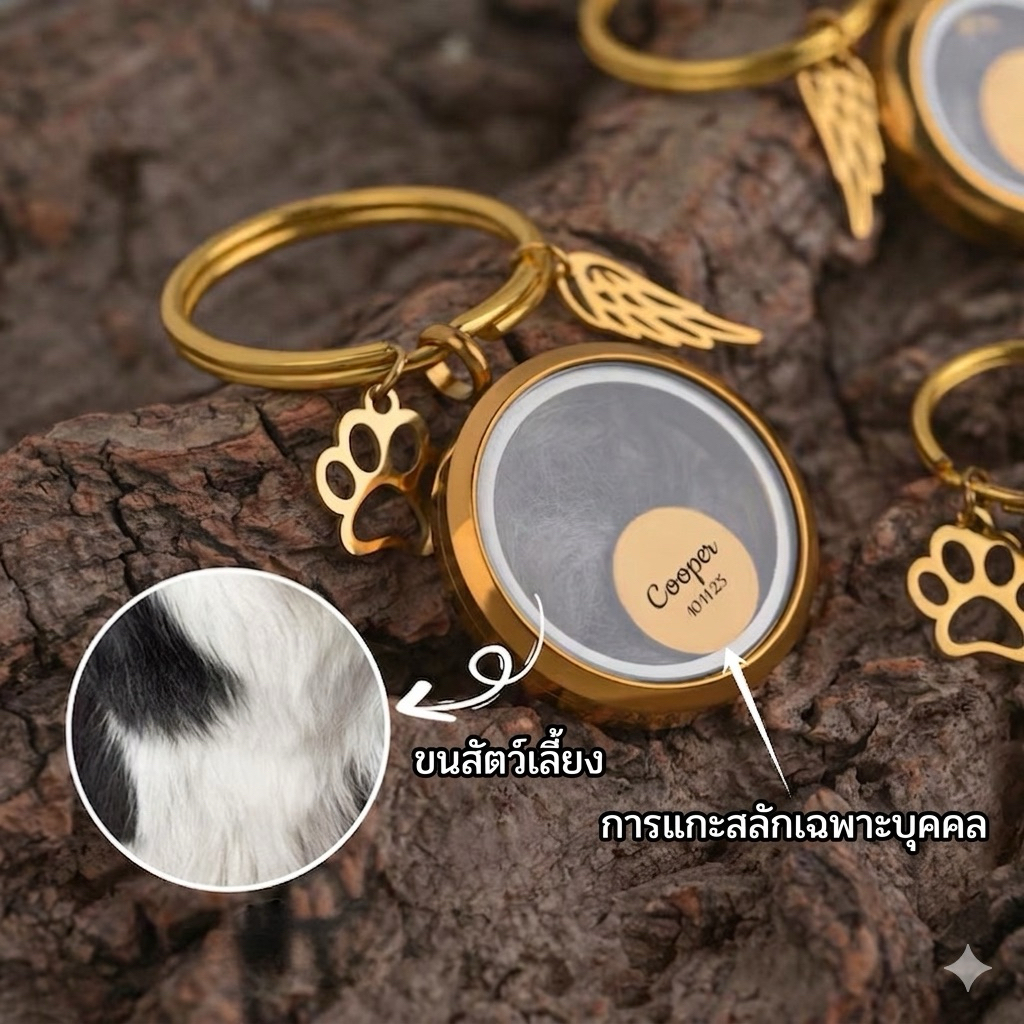 Gold Stainless Steel Keychain With Laser Engraving Memory With Paw Wings Printed Pendant Pet Souvenir 149.- Baht
