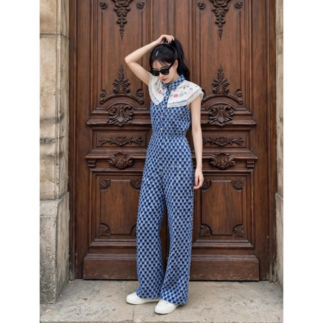 Jumpsuit (Jump) Woven Denim Fabric Flower Embroidered Lace Collar Add Egg Label Vintage ️Secondhand New Condition