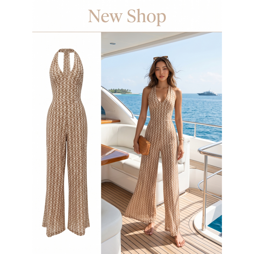 Vintage Wave Pattern Long-Legged Jumpsuit With A Single Strap Design And Tie At The Neck. Slim Fit Waist Brown Tone Set Length 56 Inches