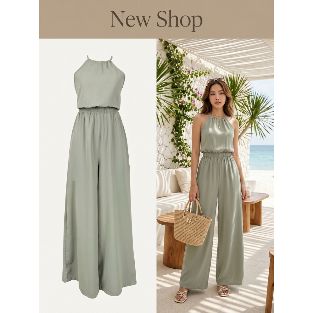 Jumpsuit Green Tea Color Polyester Fabric Set Length 60