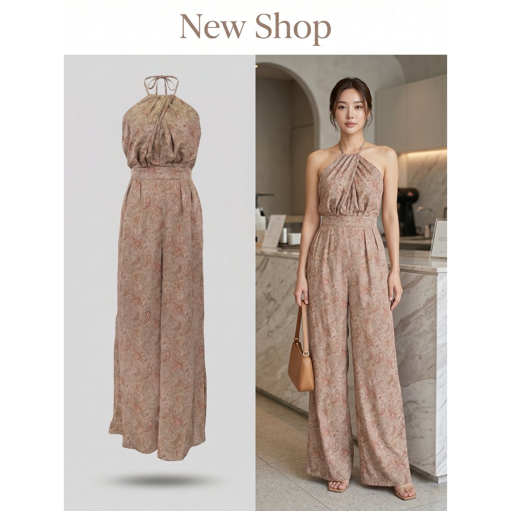 Jumpsuit Pants Neck Strap Fashionable Wide-Leg Brown
