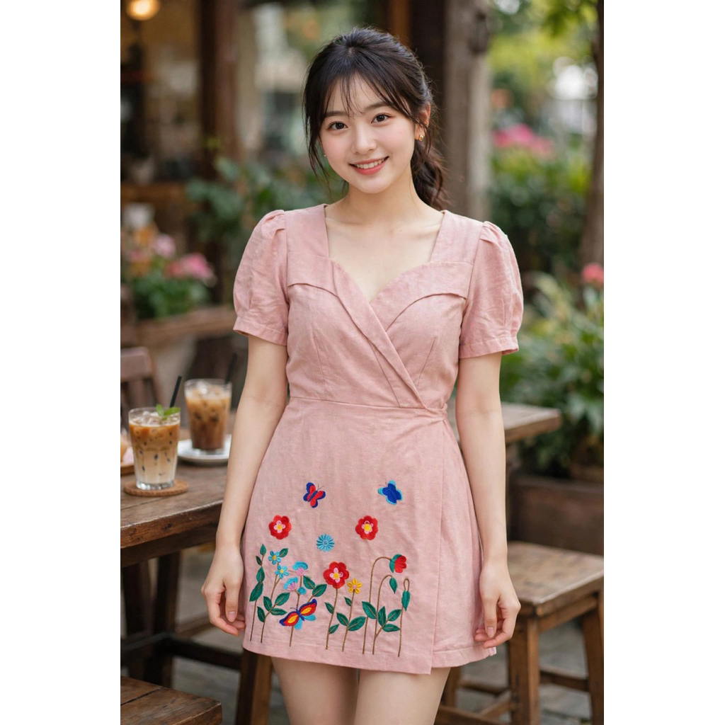 Jumpsuit (Jump) Short Suit With Front Label Collar Raised Sleeves Embroidered With Flowers At The Hem Hanging Sign Ap Style