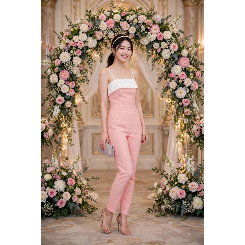 D&T Design Label Work New But The Has Fallen Off. Jumpsuit (Jump) Pink Spaghetti Strap Long Pants With White Folded Fabric At The Chest With A Bow The Back.