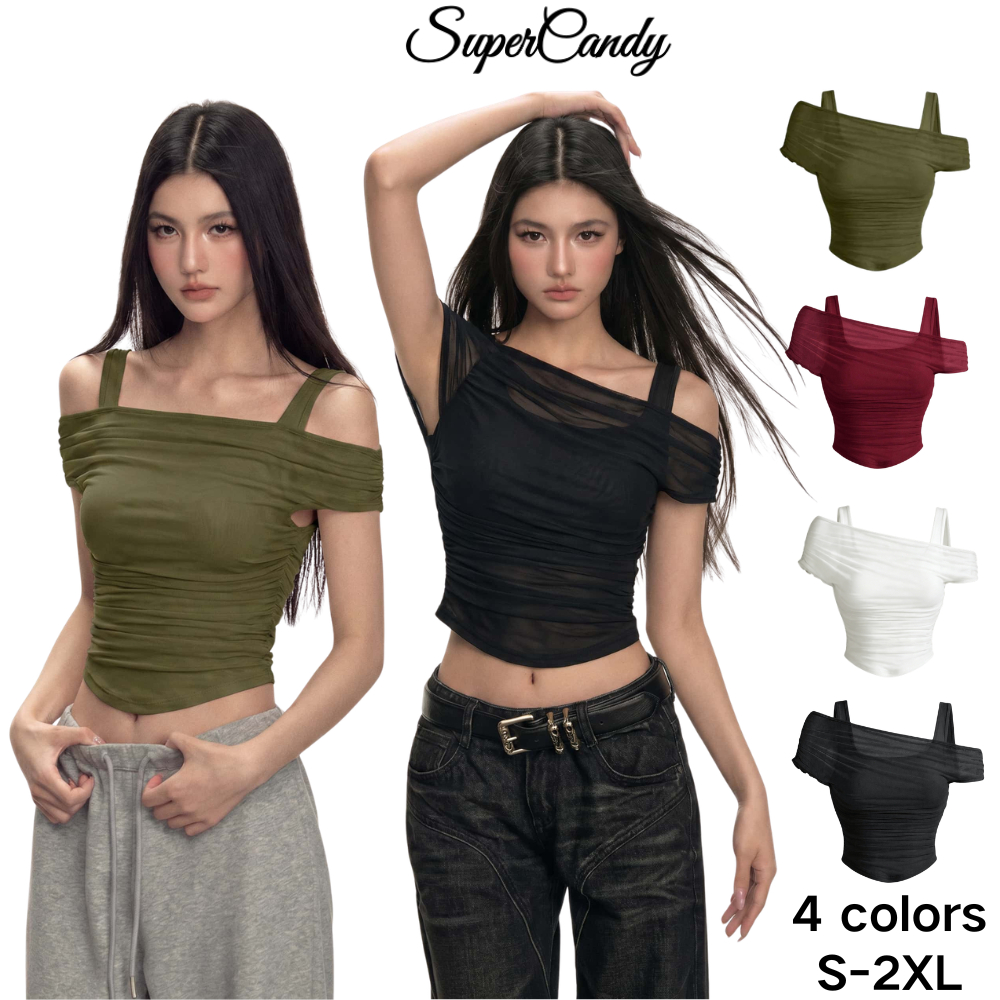 SuperCandy New Summer Women's Clothing Unique French Style Design Open Shoulder Mesh Shirt Crop Top With A Sporty