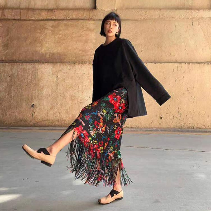 Foreign Trade Issey Miyake Vintage Printed Skirt 2023 New Style High-End Fried Street Fringed a-Line Pleated Ski