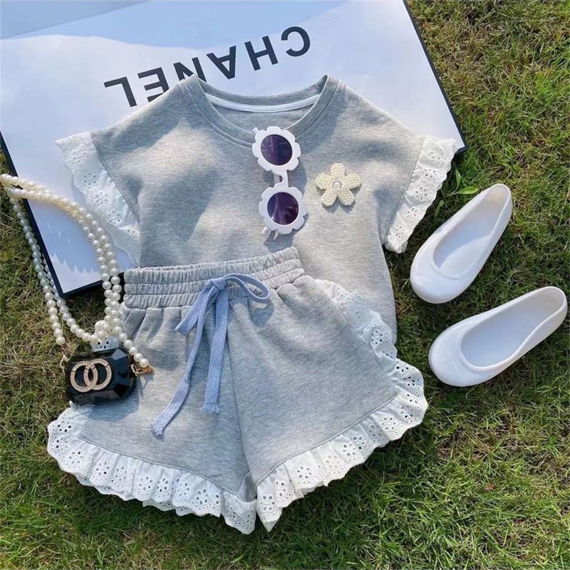 Childrens Korean Version Summer Short-sleeved Shorts Suit T-shirt Clothes Baby Girls Sportswear Children Lace Solid Color 2Pcs Sets