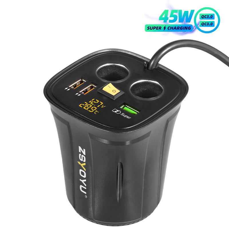 Fast QC3.0 USB Cup Holder Car Charger Adapter Cigarette Lighter Voltmeter 12V Socket Display Temperature Waterproof power switch