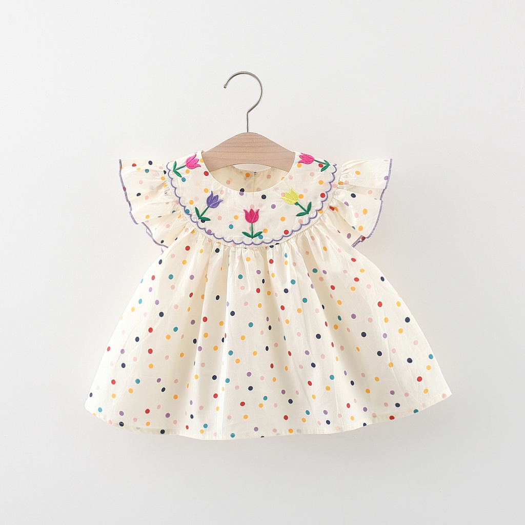 2023 Summer Small Fly Sleeve Baby Girl Doll Dresses New Colorful Dot Infant Dresses Flower Embroidery Girls Children'S Clothing (0-3 Years)