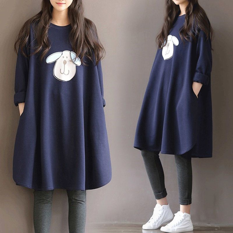 【Dress Oversized】(40-150kg) Long Sleeves Print Mini Dress Korean Fashion Loose Style Maternity Wear Above Knee