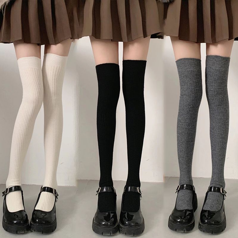 Women splicing knee socks Wool Stripe Pattern Warm Knee High Socks for Women Girls Retro Preppy JK Style White Grey Tights Stockings